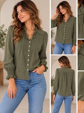 Quince Olive Green Ruffle Collar Button-Down Blouse
